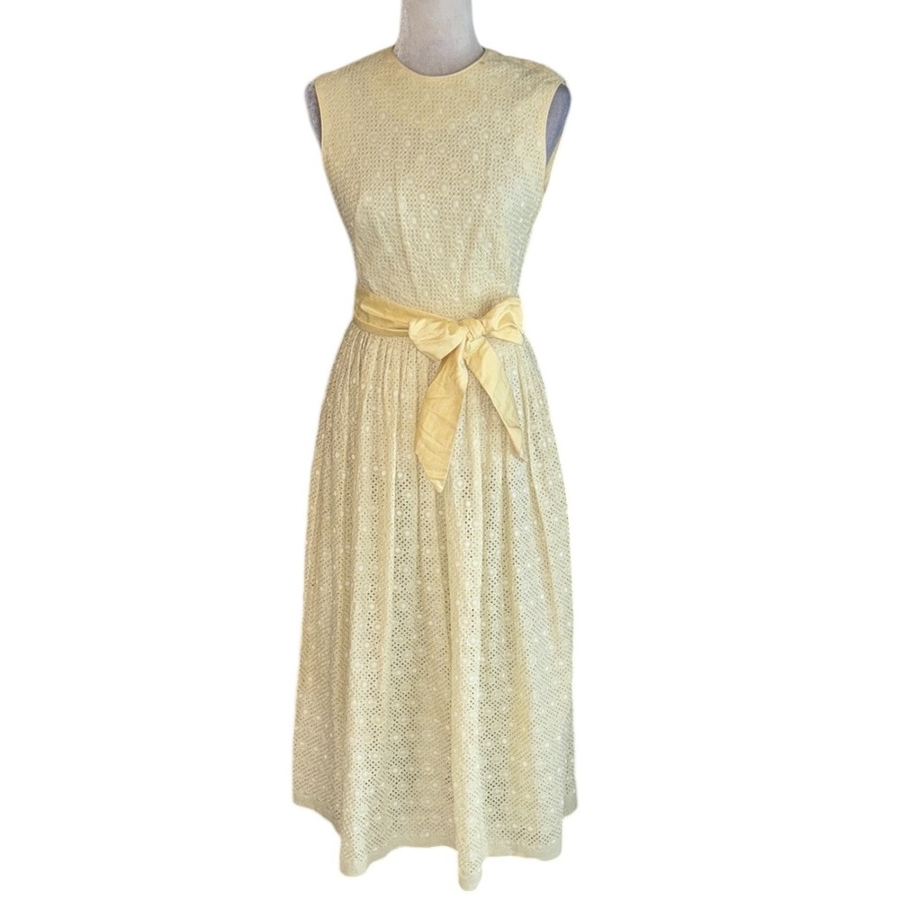 Vintage Genevieve Yellow Embroidered Eyelet Lace Tie Waist Maxi Slip Dress - S